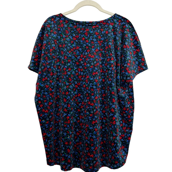 Loft Womens Velour Knit Top Medium Short Sleeve Blue Floral V-Neck - Picture 3 of 5